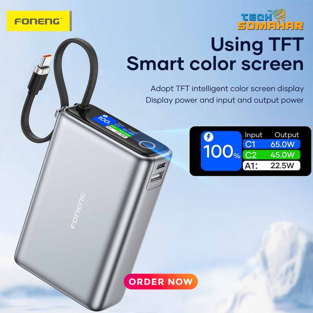 Foneng PX132 20000mAh 65W Power Bank With Built-in Cable - Image 3