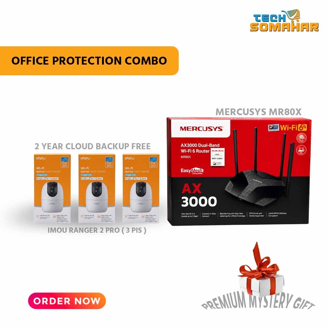 Imou Ranger 2 Pro 3 pack, office cctv camera combo, Mercusys MR80X price, shop security camera Bangladesh, multi camera router combo